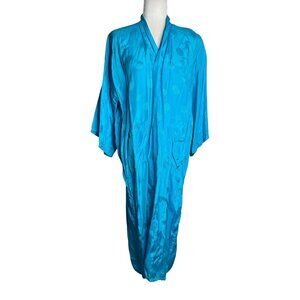 Vintage Kimono Hand Embroidered Medium Teal Blue Pockets Long Sleeve No Belt